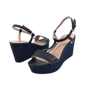 Kate Spade New York Womens 8.5M Platform Wedge Sandals Leather Denim Chic